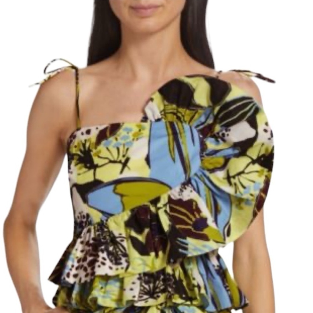 Tanya Taylor Lime, Blue and Black Floral Ruffle Crop Top